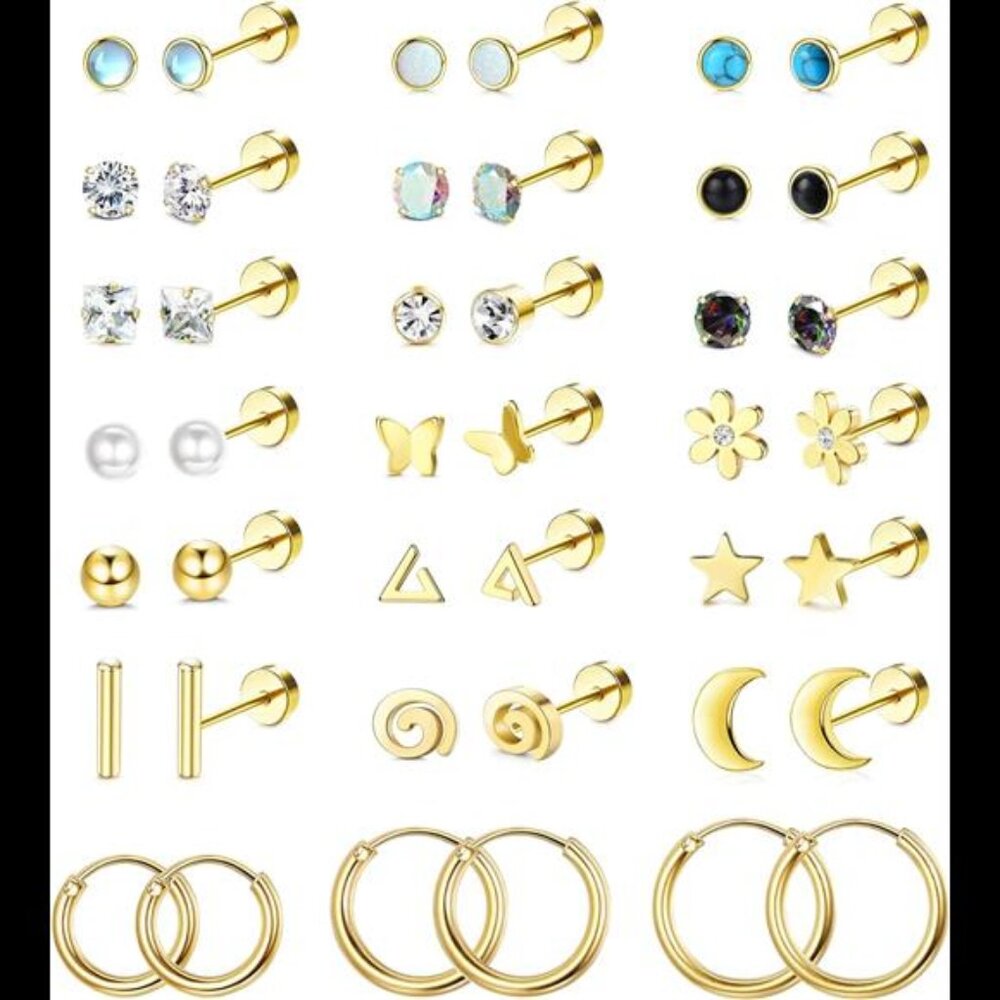 21Pairs Surgical Steel Flat Back Earrings Hypoallergenic 20G ScrewBack Nap Stack